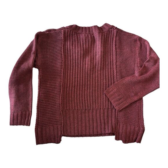 ee some Chunky Cropped Sweater Burgundy V Neck Boxy Fit Cable Knit - Picture 3 of 8